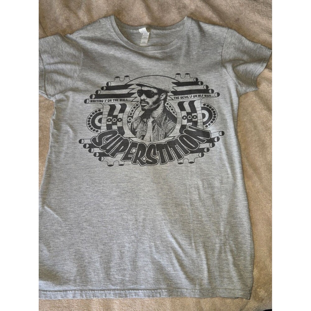 Gildan Gray Graphic "Superstition" Tee with Black Print Stevie Wonder